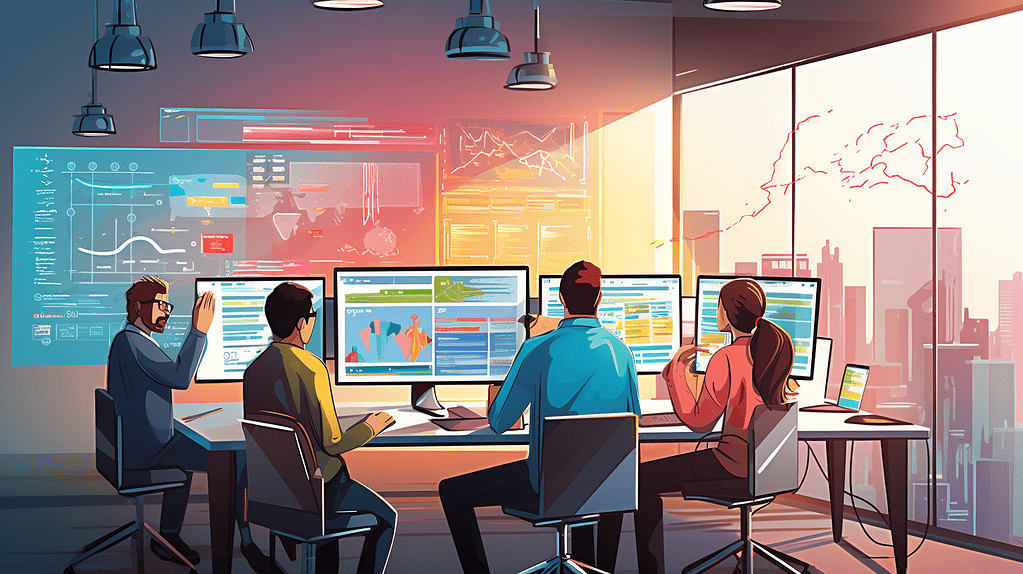 An illustration showing a group of software engineers reviewing a piece of code.