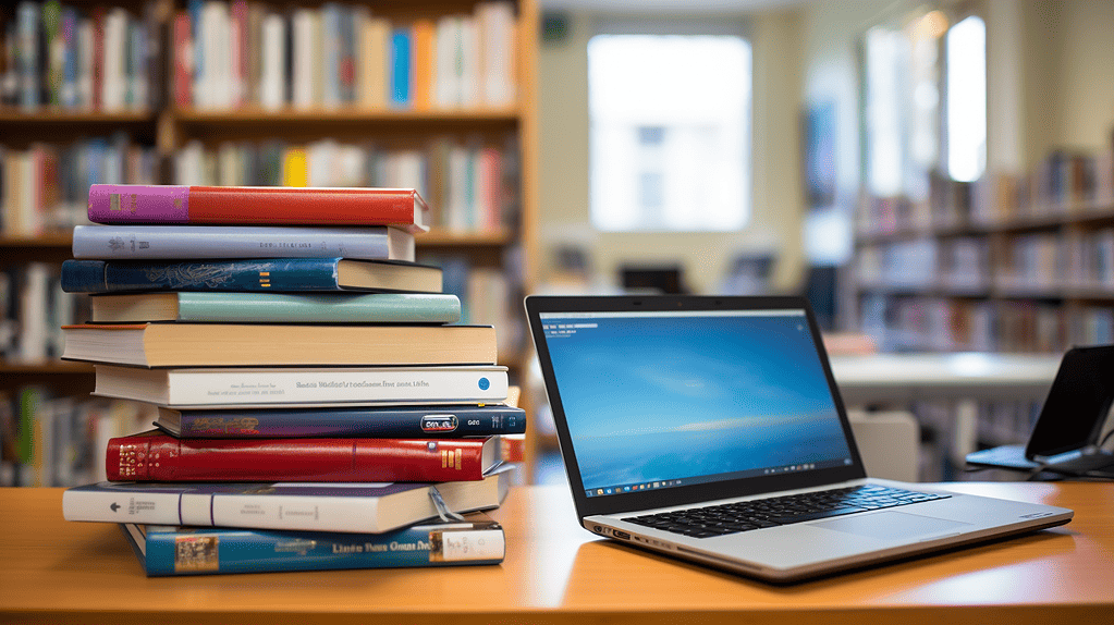 A stack of books next to a laptop in a library.